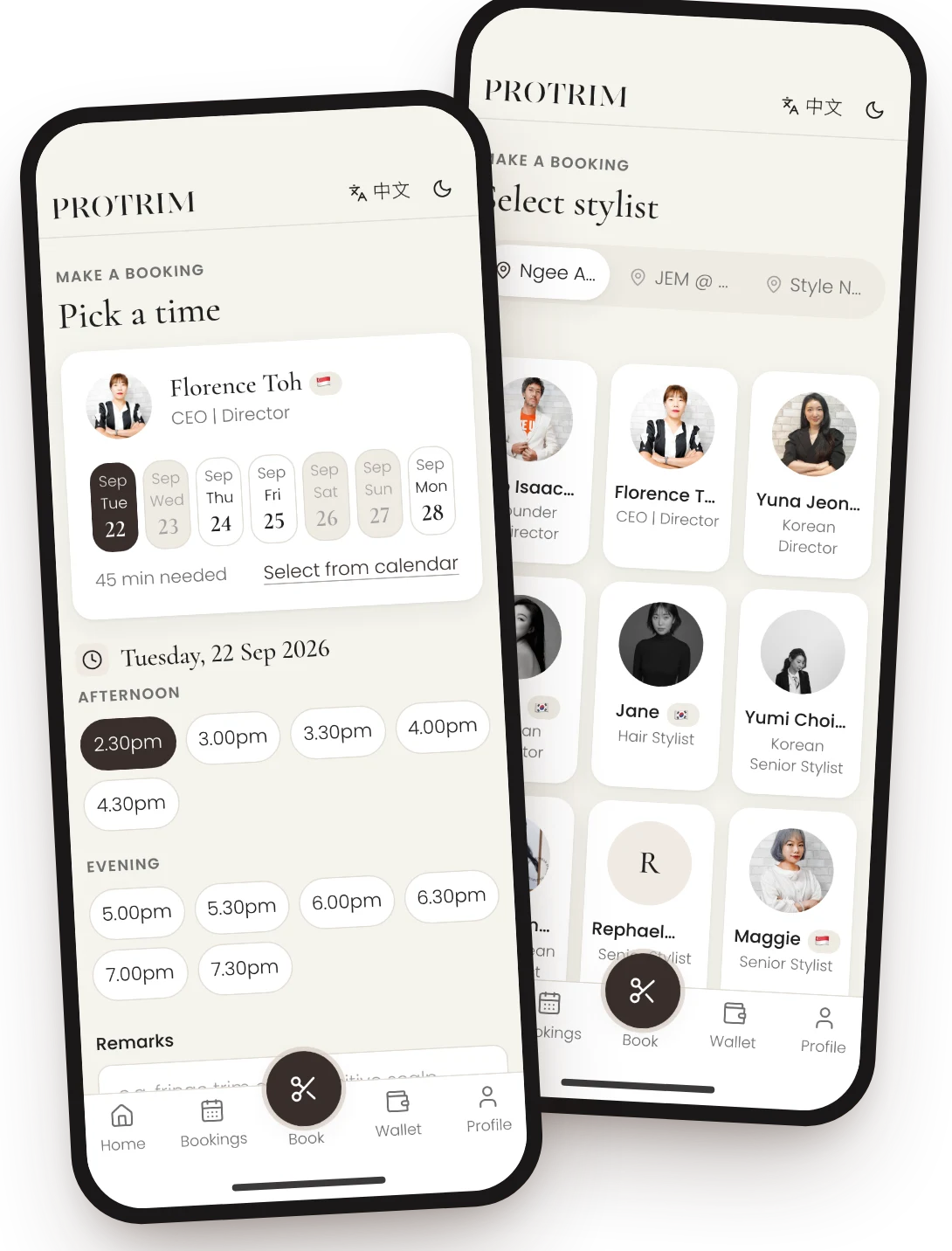 Pro Trim online booking on a phone: the Pick a time and Select stylist screens